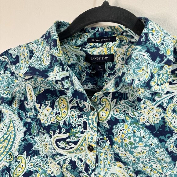 Lands' End Shirt Blouse 12 / L No Iron Supima Cotton Paisley Blue 3/4 Sleeves - Picture 4 of 8